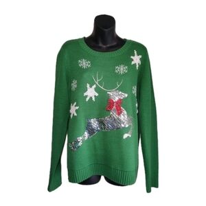 Karen Scott Green Reindeer Christmas Sweater Size Medium Sequins Crochet Holiday